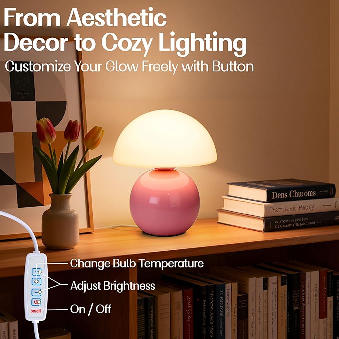 Small Mushroom Lamp,USB-Plug in Bedside Table Lamps with 3-Temperature LED Bulb Dimmable,Unique Cute Aesthetic Home Decor for Living Room,Bedroom, Modern Ceramic Base Glass Lamp(Pink)