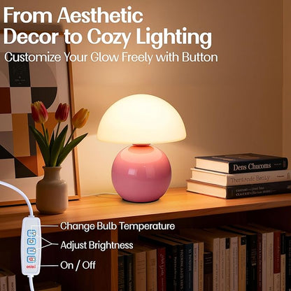 Small Mushroom Lamp,USB-Plug in Bedside Table Lamps with 3-Temperature LED Bulb Dimmable,Unique Cute Aesthetic Home Decor for Living Room,Bedroom, Modern Ceramic Base Glass Lamp(Pink)