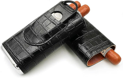 Black Cigar Case with Cutter - Portable Leather Travel Cigar Holder and Small Humidifier Kit for Men