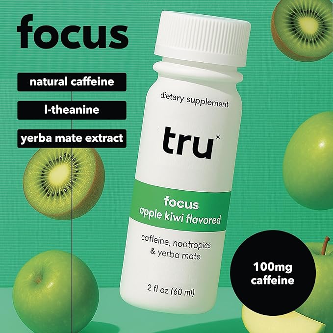 Tru Focus Shots, Nootropic Energy Drink with Yerba Mate, L Theanine & Natural Caffeine, Vegan Wellness Shot with Zero Sugar & Calories, Gluten Free, Keto Friendly, Apple Kiwi Flavor, 2 FL OZ, 12 Pack