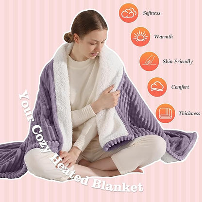 Electric Blanket Full Heating Blanket for Bed, Fluffy Sherpa Fleece Heated Blanket with Fast Heating and Overheat Protection, 5 Heating Levels & 10-Hour Auto-off, Cozy Warm Gifts for Winter (Purple)