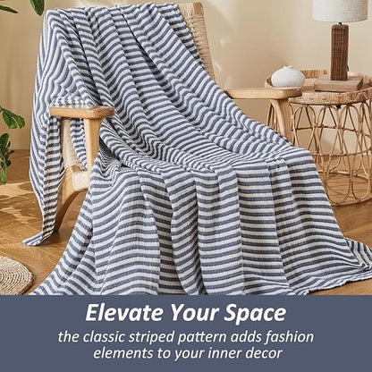 EMME Cotton Muslin Queen Blanket Bed Layering Bedspread Coverlet Breathable Gauze Soft Lightweight Adults (Striped Navy, 90"x90")