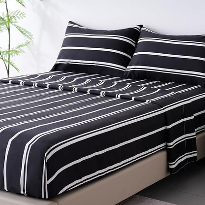 Best Season Stripe Bed Sheets Set,3 Piece Super Soft Microfiber Bedding-Deep Pocket,Ultra Soft,Fade & Wrinkle Resistant(Twin Size,Black&White)