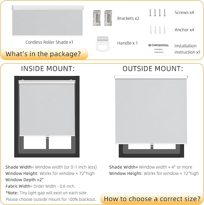 ChrisDowa Cordless Blackout Roller Shades for Windows, Thermal Insulated UV Protection Pull Down Shades, Total Blackout Window Blinds for Home, Office, Bedroom, Door (53" W x 72" H, Grey)