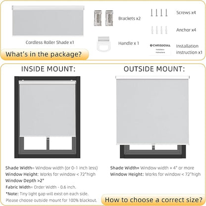 ChrisDowa Cordless Blackout Roller Shades for Windows, Thermal Insulated UV Protection Pull Down Shades, Total Blackout Window Blinds for Home, Office, Bedroom, Door (42" W x 72" H, Grey)