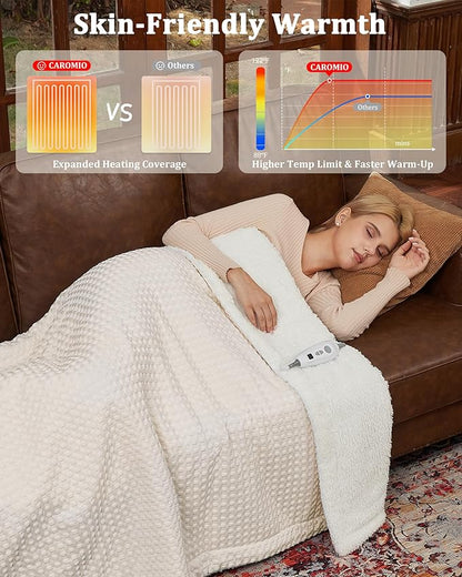 CAROMIO Heated Blanket Throw, Waffle Weave Electric Throw Blanket Fast Heating with LCD Controller, 6 Heat Levels & 4 Hour Auto Shut Off, ETL Certified, Machine Washable, Beige, 50" x 60"