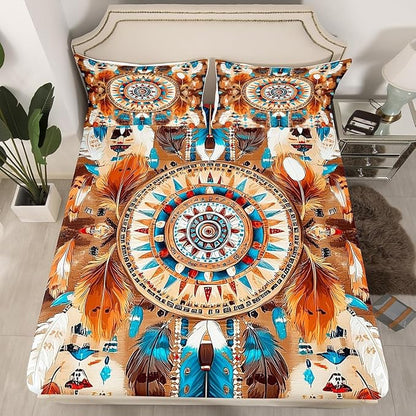 Dream Catcher Kids Twin Size Fitted Sheet,Aztec Western Tribal Boho Boys Girls Bed Sheets,Rustic Farmhouse Feather Room Decor,Brown Blue Bedding Set,1 Pillowcase(No Flat)