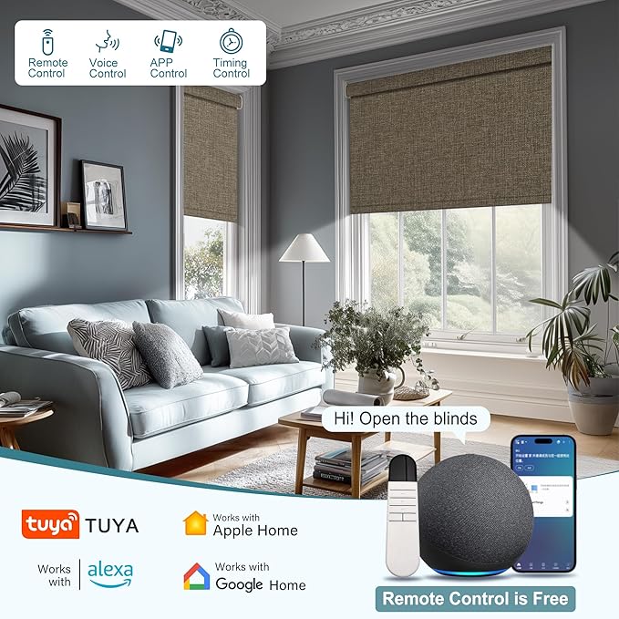 BERISSA Motorized Blinds with Remote,Blackout Smart Roller Shades with App,Voice Control,Linen Fabric,Thermal Insulated Automatic Blinds,Electric Shades with USB/Solar Pannel.Linen Brown