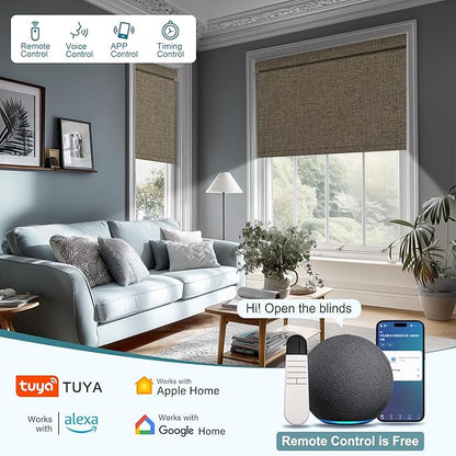BERISSA Motorized Blinds with Remote,Blackout Smart Roller Shades with App,Voice Control,Linen Fabric,Thermal Insulated Automatic Blinds,Electric Shades with USB/Solar Pannel.Linen Brown