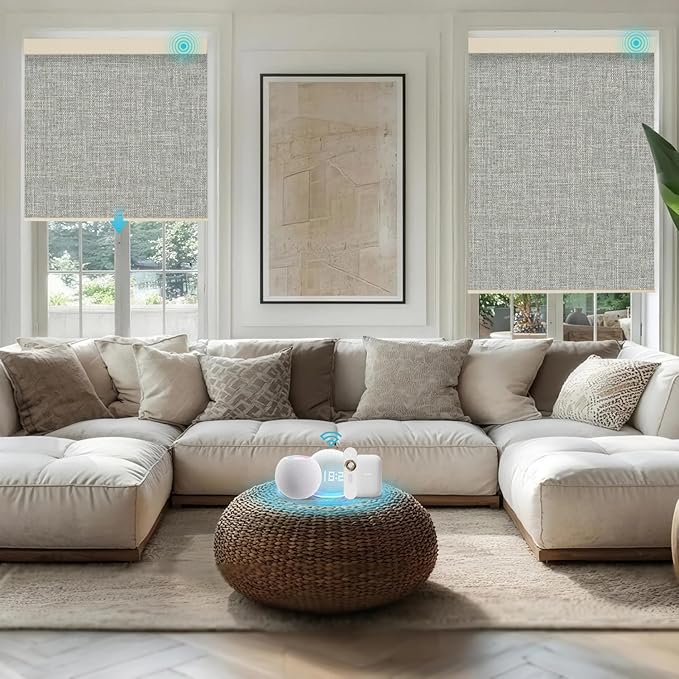 Motorized Blinds with Remote, Smart Blind Roller Shades Compatible with Alexa, Durable Rechargeable Battery Solar Power Electric Window Blinds Motorized Shades Customized Size (3-Layer Grey)
