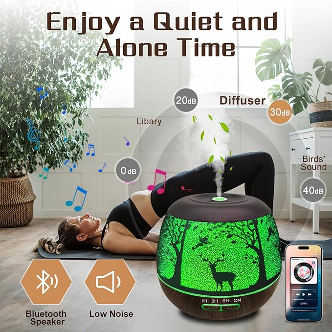 Essential Oil Diffuser for Bedroom 400ml Bluetooth,Diffusers for Home with R/C,Cool Mist Humidifier Large Room,Ultrasonic Scent Diffuser Waterless Auto Off,7 Colors Light & 3 Mist Modes for Desk Deer