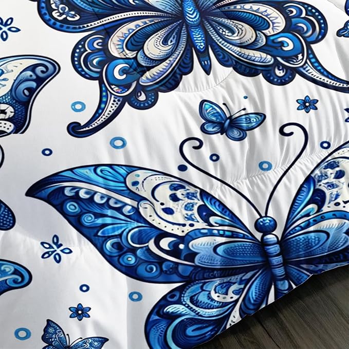 Blue Butterfly Comforter Bedding Set King Size,Bohemian Style Blue Series Bedding for Kids Girls Boys,Insect Themed Children's Bedding Soft Fluffy Comforter Sets with 2 Pillowcases.