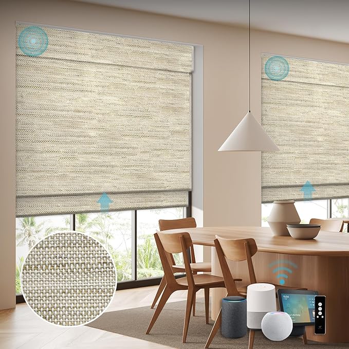 SmartWings Motorized Wood Blinds Smart Wooven Shades Blackout/Light fitlering for Windows, with Remote for Bedroom Living Room, Work with Matter Zigbee Alexa Z-Wave Google Home, Customized, Kenaf 010