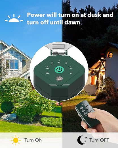HBN Outdoor Power Strip Timer with Photocell Remote Control,Yard Stake Countdown (2,4,6,8 Hour),Weatherproof Outside Timer Dusk to Dawn for Halloween/Christmas Lights,6 Outlets,6ft Cord