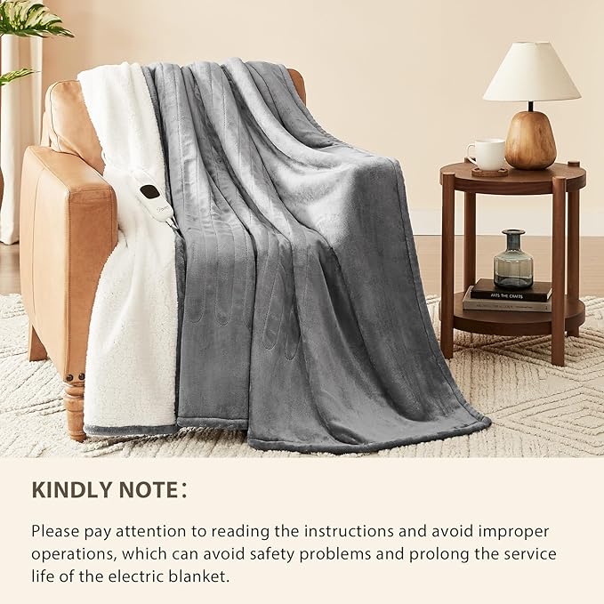 Homemate Heated Blanket Electric Throw - 50"x60" Heating Blanket Throw 1/2/4/6/8 Hours Auto-Off 10 Heat Level Over-Heat Protection Flannel Sherpa ETL Certification