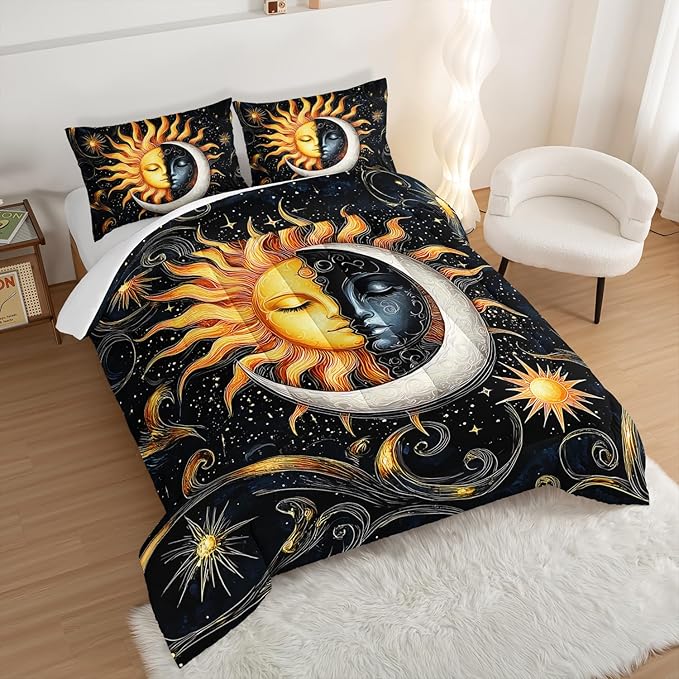 Sun and Moon Bedding Set Queen Size,Yellow Galaxy Celestial Bedding for Kids Boys Girls Teens Room Boho Decor,Black and Yellow Fluffy Comforter Sets with 2 Pillowcases.