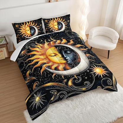 Sun and Moon Bedding Set Queen Size,Yellow Galaxy Celestial Bedding for Kids Boys Girls Teens Room Boho Decor,Black and Yellow Fluffy Comforter Sets with 2 Pillowcases.