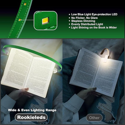 Rechargeable Book Light for Reading, 12 LED Eye-Care Reading Light, 4 Color Temperatures, Stepless Dimming, No Flicker, Evenly Distributed Lighting for Books, Perfect for Reader (Green)