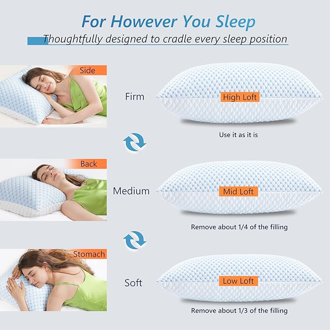 Cooling Firm Bed Pillows Set of 2, Shredded Memory Foam Pillows for Sleeping Luxury Gel Pillows for Side Back Stomach Sleepers with Removable Washable Cover(Blue, Standard)