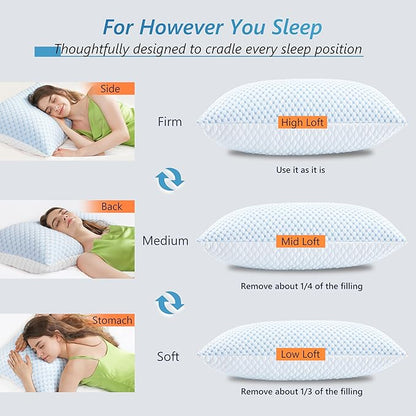 Cooling Firm Bed Pillows Set of 2, Shredded Memory Foam Pillows for Sleeping Luxury Gel Pillows for Side Back Stomach Sleepers with Removable Washable Cover(Blue, Queen)
