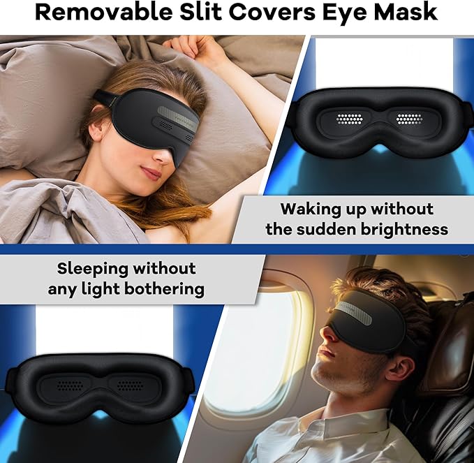 3D Sleep Eye Mask with Removeable Cover for Women Men, Peek-a-Boo Sleeping Mask with Blackout Strip to Allow Some Light in, Eye Cover for Lash Extensions, Blindfold with Adjustable Strap, Inkiness