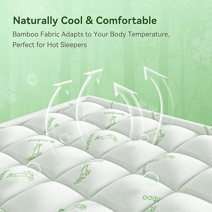 Anluoer Mattress Topper Queen Rayon Derived from Bamboo, Memory Foam Pillow Top Mattress Topper for Back Pain Relief, Thick Soft Mattress Pad with 8-21" Deep Pocket, 60x80 Inches, White
