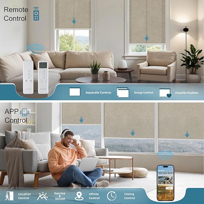 Motorized Light Filtering Roll Shades Work with HomeKit, 70% Blackout Smart Blinds for Windows, Electric Blinds with Remote, APP/Voice Control, Automatic Solar Shades, Texture Biscuit