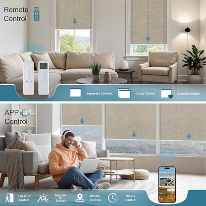 Motorized Light Filtering Roll Shades Work with HomeKit, 70% Blackout Smart Blinds for Windows, Electric Blinds with Remote, APP/Voice Control, Automatic Solar Shades, Texture Biscuit