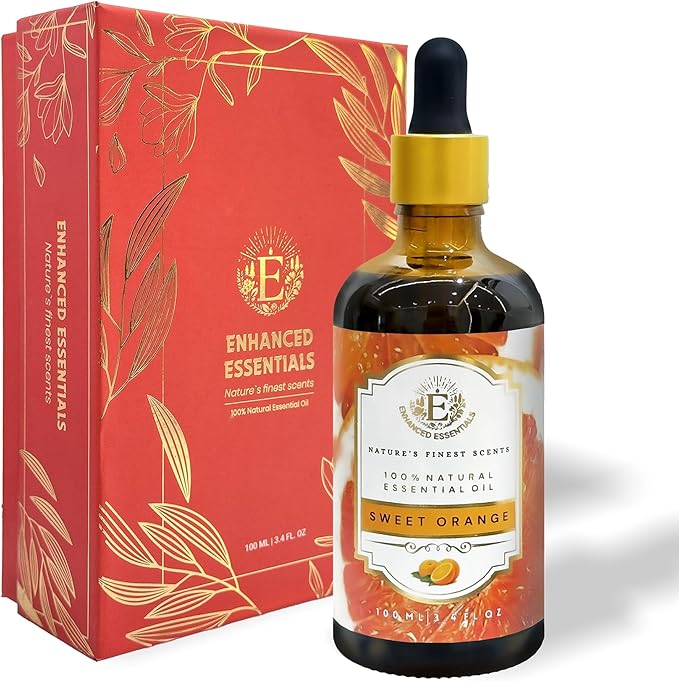Luxurious Sweet Orange Essential Oil by Enhanced Essentials| Slow Distilled & Pure| for Home Cleaning,Diffusers,Skin & Hair Care,Aromatherapy,Bath,Soap & Candle Making|with Glass Dropper|100 ml