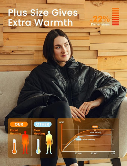 HENNCHEE Heated Blanket Battery Operated with Removable Hooded 70" x 42" Portable Heated Blanket with 16000mAh Battery Pack 5 Heating Zones Waterproof Heated Poncho for Home, Outdoors, Camping, Black