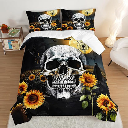 Skull Comforter Set for Gothic Decor Bedroom,Sunflower Floral Bat Print Bedding Full Size Comforter Set for Kids Boys Girls,Dark Night Halloween Horror Bedding Set with 2 Pillowcases.