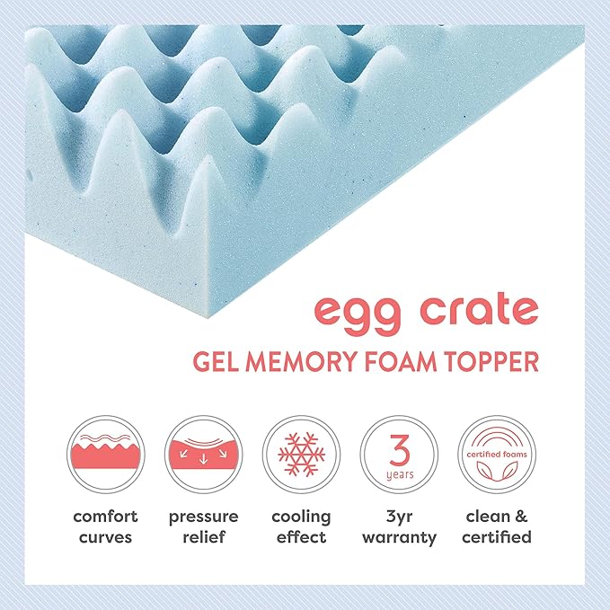 Best Price Mattress 3 Inch Egg Crate Memory Foam, Cooling Gel Infusion, Full Mattress Topper, Dorm Essentials, Blue