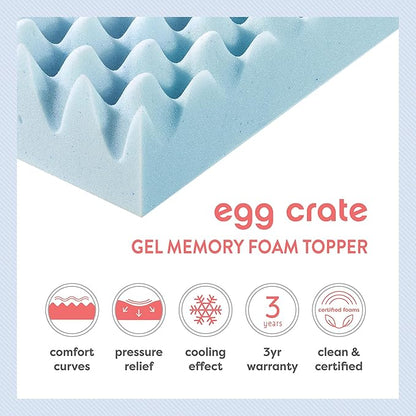 Best Price Mattress 3 Inch Egg Crate Memory Foam, Cooling Gel Infusion, Full Mattress Topper, Dorm Essentials, Blue