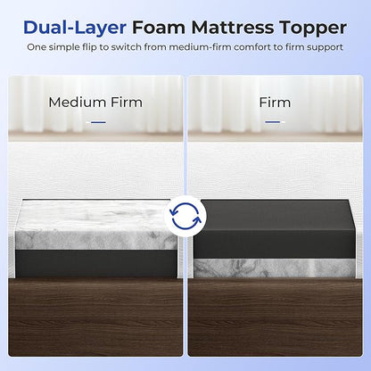 Firm Cooling Mattress Topper Queen Size 3 Inch, Cooling Gel & Bamboo Charcoal Memory Foam Mattress Topper for Back Pain Relief, Dual-Layer Foam Bed Pad with Removable Cover