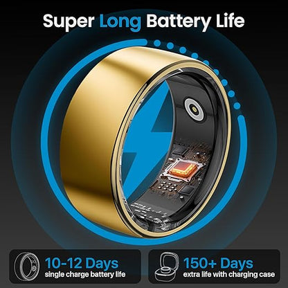 Smart Ring Health Tracker - 24/7 Fitness & Sleep Tracking with Heart Rate Monitor, IP68 Waterproof Activity Tracker for Men/Women, 50+ Workout Modes, 7-Day Battery(Gold 9#)