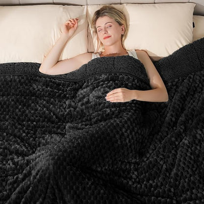 Super Soft Luxury Fleece Sherpa Weighted Blanket 15 lbs for Adults, Turtle Shell Fluffy Cozy Warm Twin Weighted Throw for Winter, Ceramic Beads Washable Heavy Blankets for Couch Bed, Black, 48" x 72"