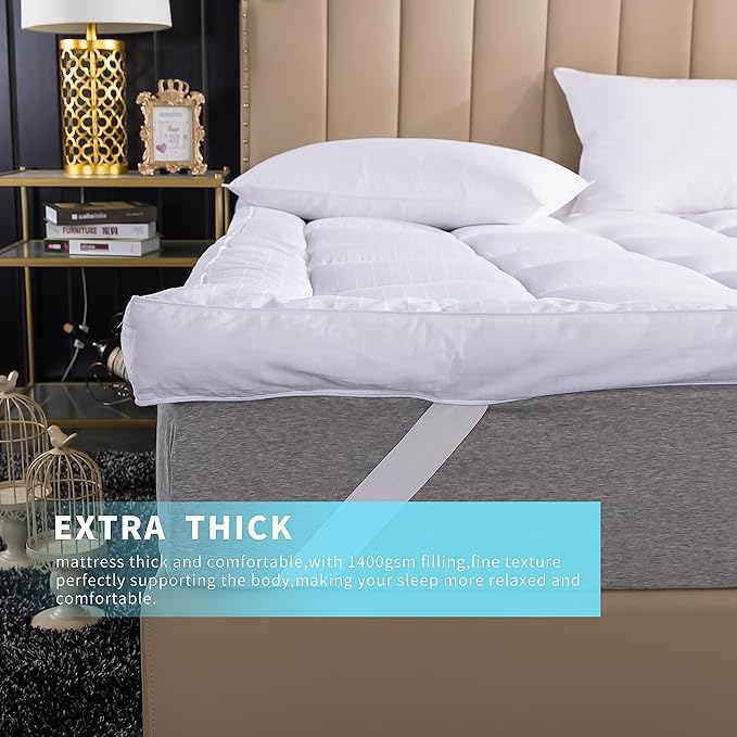 Extra Thick Twin XL Mattress Topper Dorm Bedding. Breathable Cooling Mattress Pad Cover.100% Cotton Pillow Top Quilted Mattress Protect Bed Mattress Topper1400GSM Soft Down Alternative Fill (39x80'')