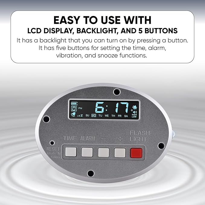 CoolFire – Super Loud Dual Alarm Clock with Bed Shaker, Auto Set, Vibrating Alarm Clock for Heavy Sleepers, Under Pillow, Cordless Rechargeable, Hearing Impaired, Auto DST, LCD Backlight Silver