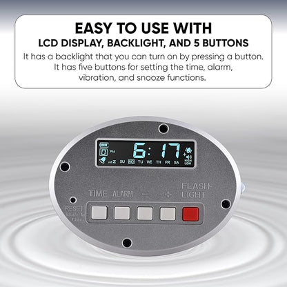 CoolFire – Super Loud Dual Alarm Clock with Bed Shaker, Auto Set, Vibrating Alarm Clock for Heavy Sleepers, Under Pillow, Cordless Rechargeable, Hearing Impaired, Auto DST, LCD Backlight Silver