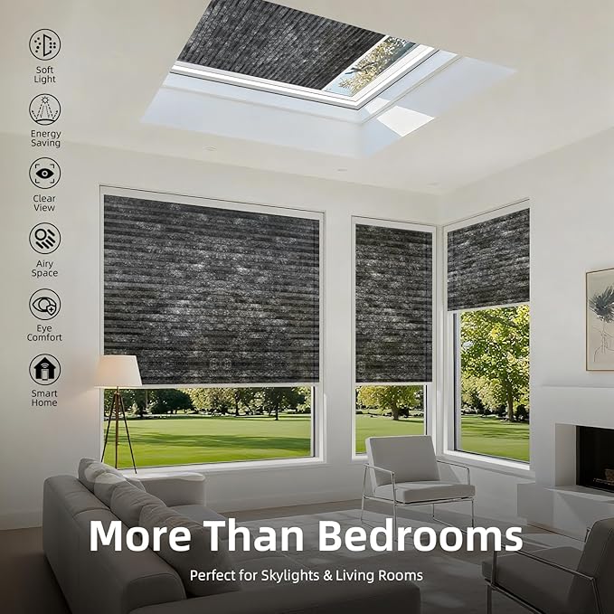 ZSTARR Motorized Skylight Shades Blackout Cellular Honeycomb Electric Blinds with Solar Panel Cordless Rechargeable with Remote for Roof and Slanted Windows Custom Size (Sheer Gunmetal)