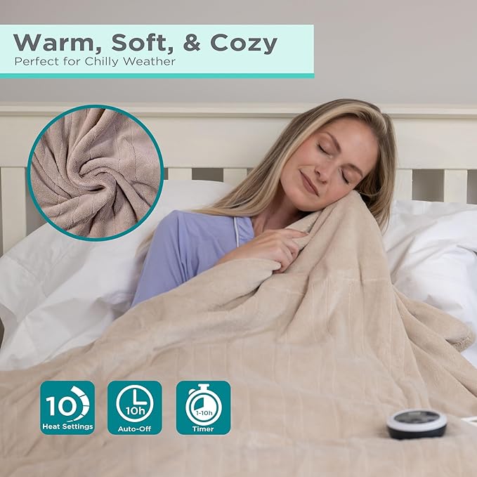 BLACK+DECKER Heated Blanket Electric King, Micro Plush Electric Blanket, Heating Blanket with 10 Heating Levels, 10H Timer, Auto Shutoff, Dual Zone Heating, Fast Heating (90x100 inches, Cream)