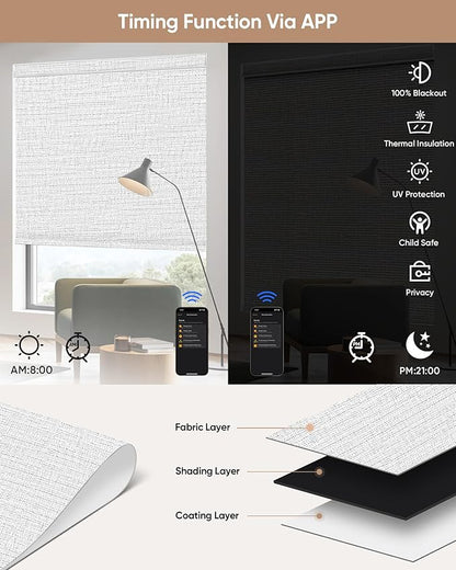 Kincmo Motorized Blinds with Remote,100% Blackout Motorized Roller Shades Work with Apple Homekit,Alexa,Google, Custom Electric Blinds with App,Voice Control (Aqua Waves White)