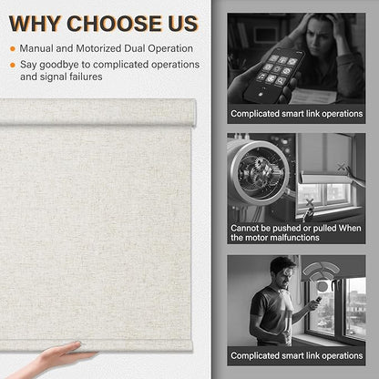 BERISSA Motorized Blinds with Remote,Dual-Control(Manual + Remote) Roller Shades,Blackout&Light Filtering Rechargeable Smart Electric Window Blinds for Home,Office,Custom Color,Custom Size