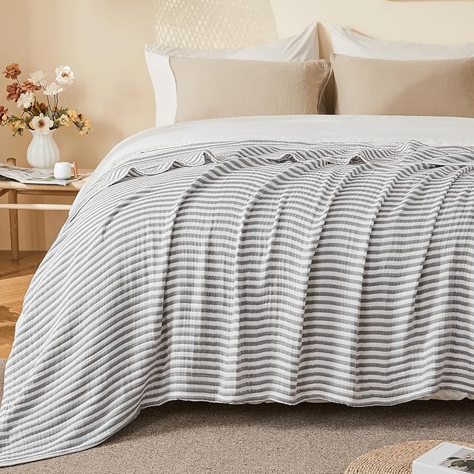 EMME Cotton Muslin Twin XL Blanket Breathable Gauze Soft Lightweight Adults Gifts for Women (Striped Grey, 66"x90")