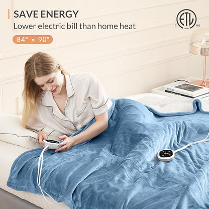 HOMLYNS LuxeHeat Heated Blanket Electric Blanket Queen Size, Soft Flannel Sherpa Heating Blanket with 10 Heat Settings, 1-10 hrs Timer Auto Shut Off (84x90 inches, Blue)