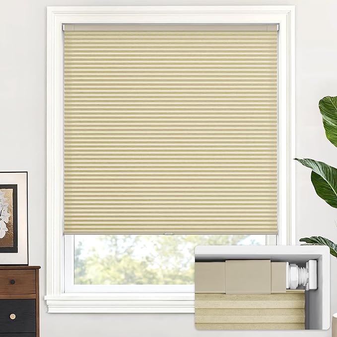 LazBlinds Cordless Cellular Shades, No Tools No Drill Light Filtering Honeycomb Shades Pleated Blinds for Windows, 30'' W x 64'' H, Mocha