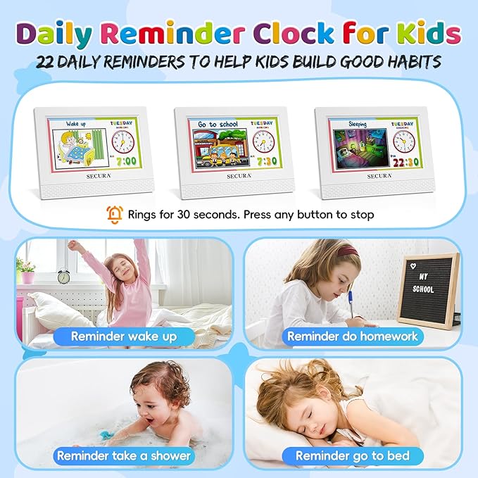 Secura TimeTact Reminder for Kids, 7" LED Talking Alarm Clock with Countdown Visual Timer, 17 Daily Reminders & 5 Custom Alarms Habit Reminder and Scheduler (White)