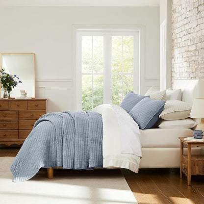 WDCOZY Chambray Pick Stitch Twin Size Quilt Set, Denim Blue Striped Lightweight Soft Summer Spring Bedspread, Bamboo Linen Like Textured Coverlet, Farmhouse Country Rustic Bedding, Thin Comforter