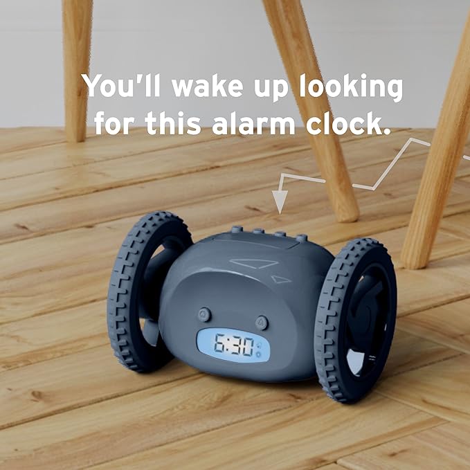 CLOCKY Alarm Clock on Wheels – Loud Rolling Alarm Clock for Heavy Sleepers | Runaway Clock That Jumps & Runs to Wake You Up | Funny Unique Gift for Adults, Teens & Kids Bedrooms (Slate)