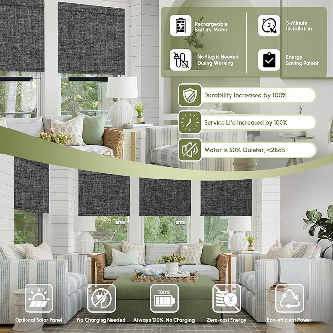 FineTell Motorized Blinds with Remote, 100% Blackout Roller Shades Compatible with Alexa,Apple Homekit,Google Home APP and Voice Control, Customized Electric Blinds (100% Blackout Dual Sided Black)